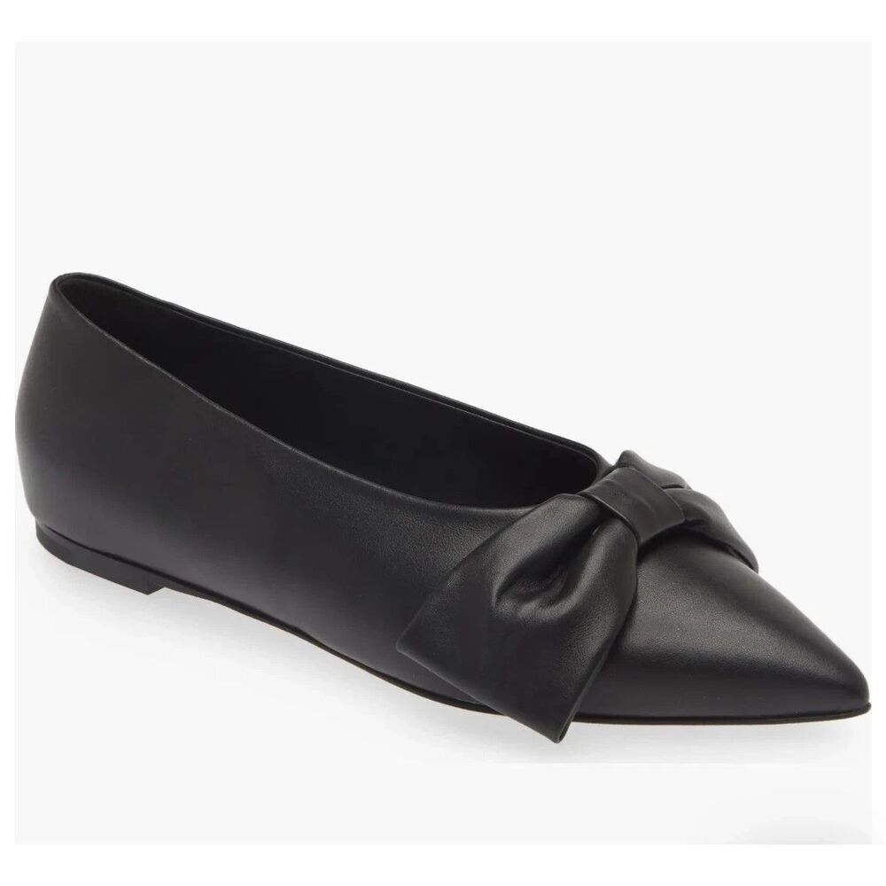 New $570 Dear Frances Bow Pointed Toe Flat In Black Leather  Size 38 US 8
